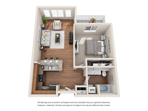 Floor plan for 1 bed, 1 bath, 660 sqft